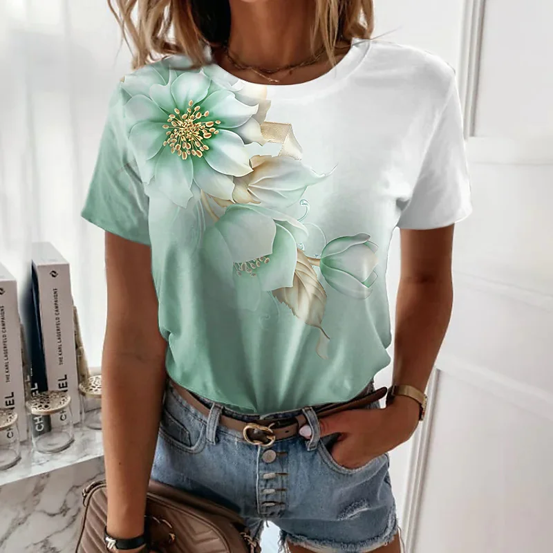 

Ladies Floral Casual Short Sleeve Printed Round Neck Summer New Loose T-Shirt Tops