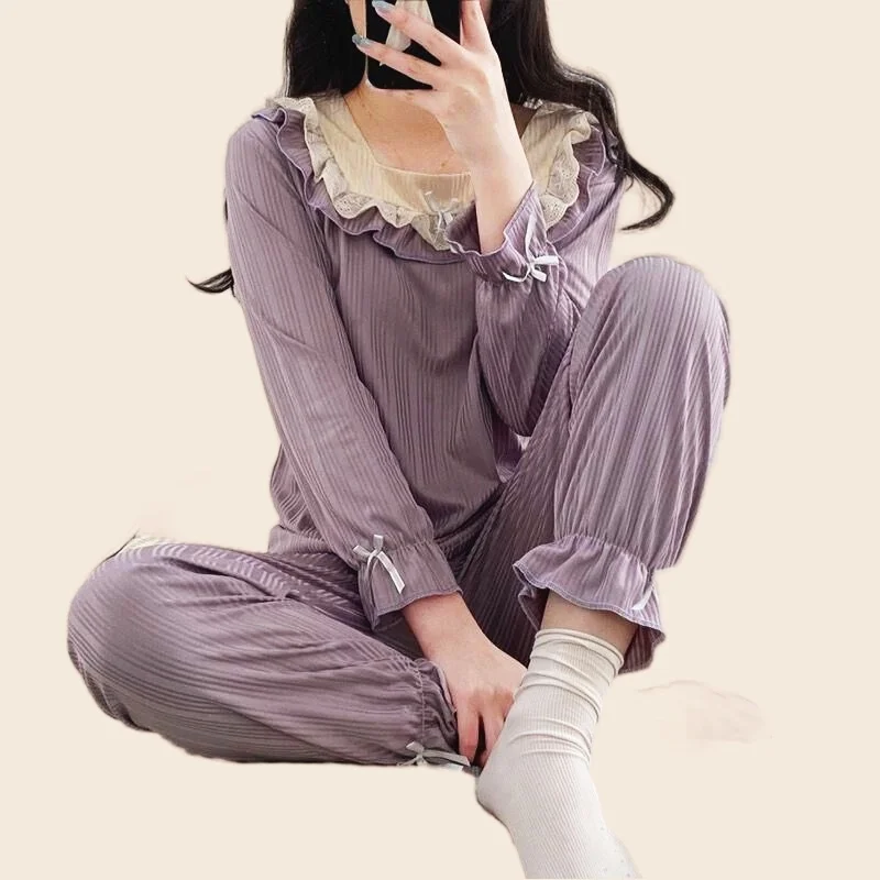 Pretty Women's Pajamas Set Full Sleeve Tops Long Pants Spring Cute Bow Pyjama Sweet Homewear Plus Cozy Sleepwear Pjs