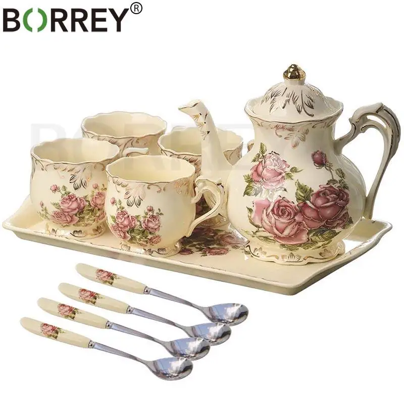 

Керамический чайный набор BORREY, кофейная чашка с блюдцем, ложка, чашка розового чая, британский чайный набор с подносом, фарфоровый кофейник, чашка для чая