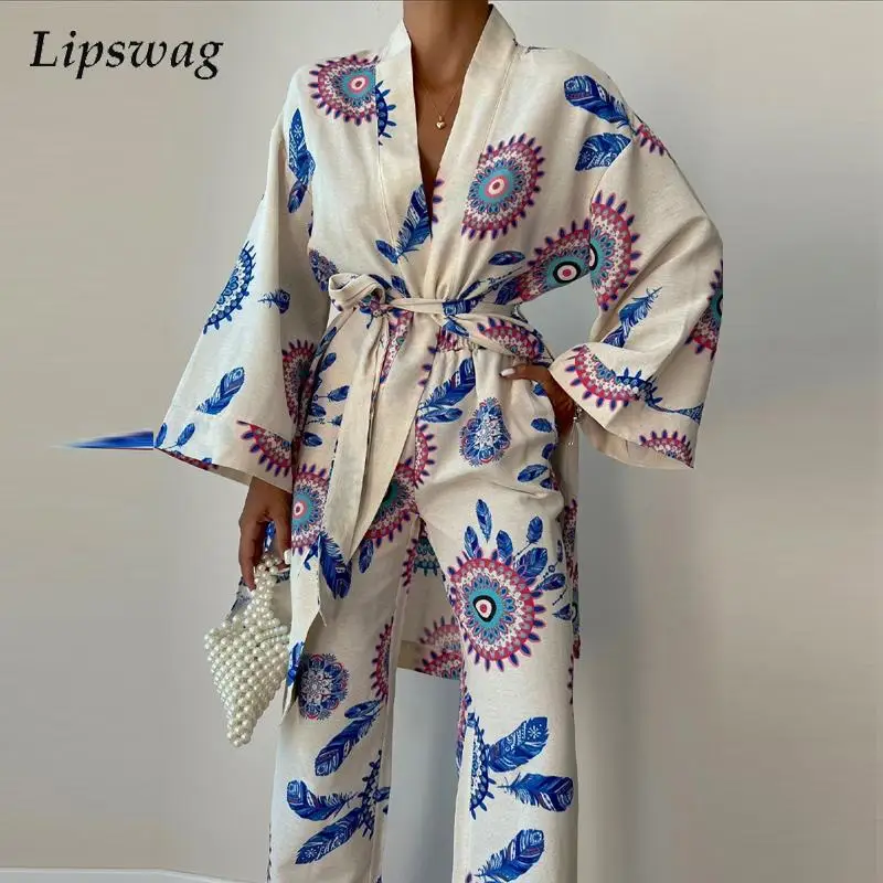 

Autumn Casual Pattern Print Two Piece Set Women Fashion Lace-Up Flare Sleeve Cardigan Tops & Long Pants Set Ladies Loose Sets