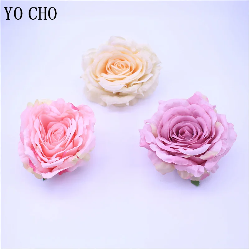 

YO CHO 10pcs Big Pink Artificial Silk Flower Heads For Wedding Decoration White Rose DIY Wreath Scrapbooking Craft Fake Flowers
