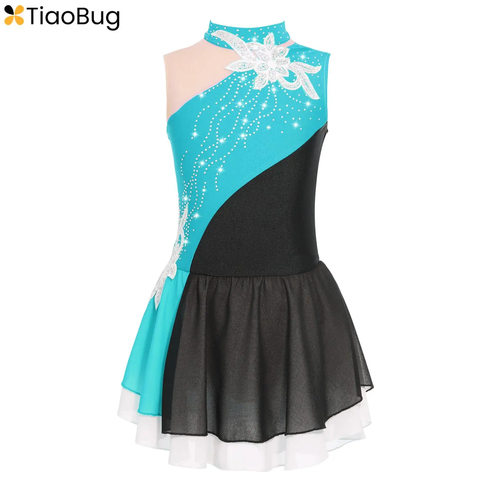 

Kids Girls Floral Rhinestone Ballet Dance Dress Sleeveless Figure Ice Skating Dress Competition Costume Ballerina Dancewear