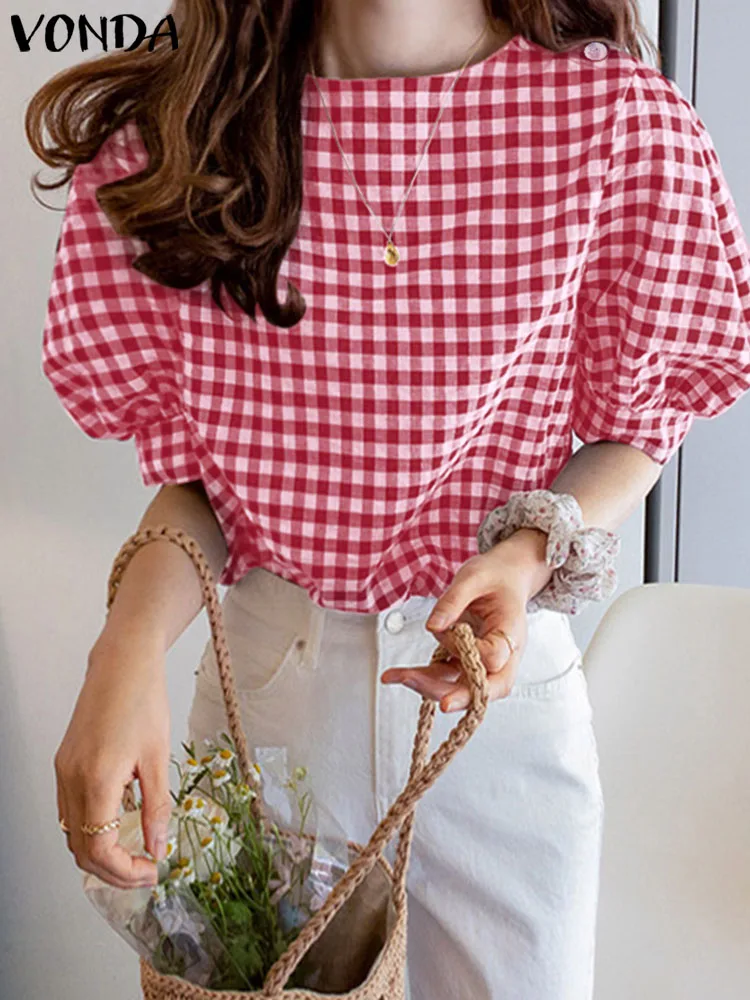 

VONDA Женские клетчатые топы с принтом в стиле ретро 2023 модная летняя блузка с полурукавами-фонариками и круглым вырезом женские блузы на пуговицах Повседневная Туника Топ
