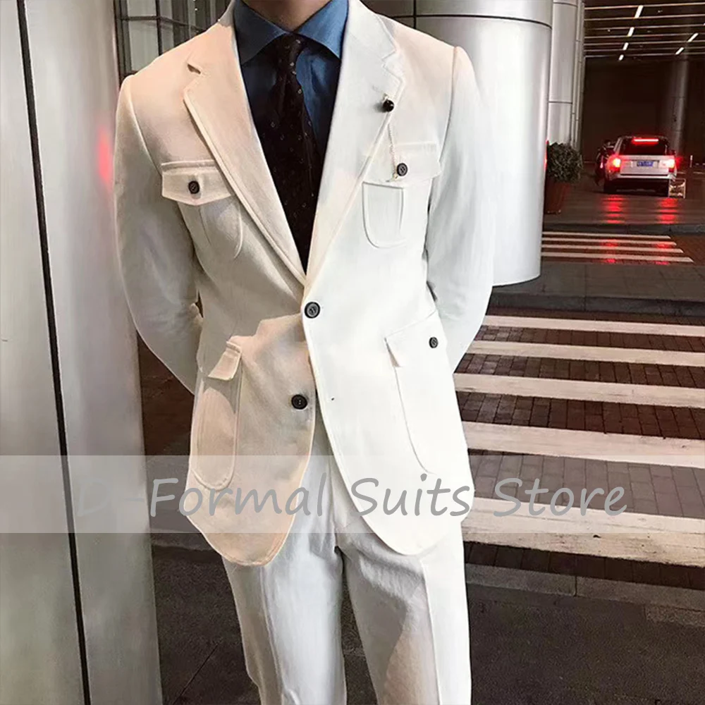 2022 New Men Ivory WhiteTooling Suits 2 Pieces Slim Fit Wedding Groom Tuxedo Notched Lapel Blazer Sets Costume Homme