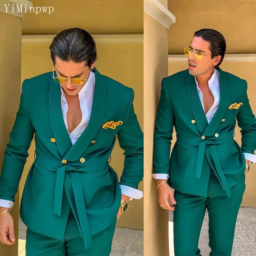 New Design Green Suits for Men 2 Piece Blazer Sets Casual Suit Double Breasted Belt Men Travel Wear trajes de hombre Jacket+Pant
