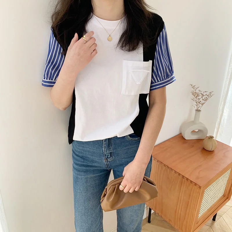 

Summer T-shirt 2022 New Round Neck Loose And Versatile Design Sense Of Niche Stripe Stitched Pocket Short Sleeve T-Shirt Top