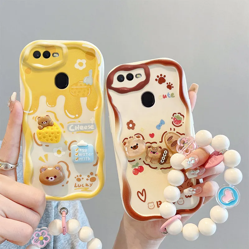 

Wavy Edge Cute Creamy Cartoon Animals Phone Case For Oppo A7 2018 A5S AX5S AX7 A7N A12 A12S A11K Hand Strap Bracelet Case Cover