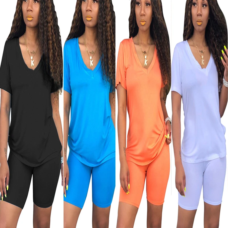 

50% Sale 2022 Women's V-neck Multicolor Short Sleeve End Pants 2-piece Fashion Casual Suit