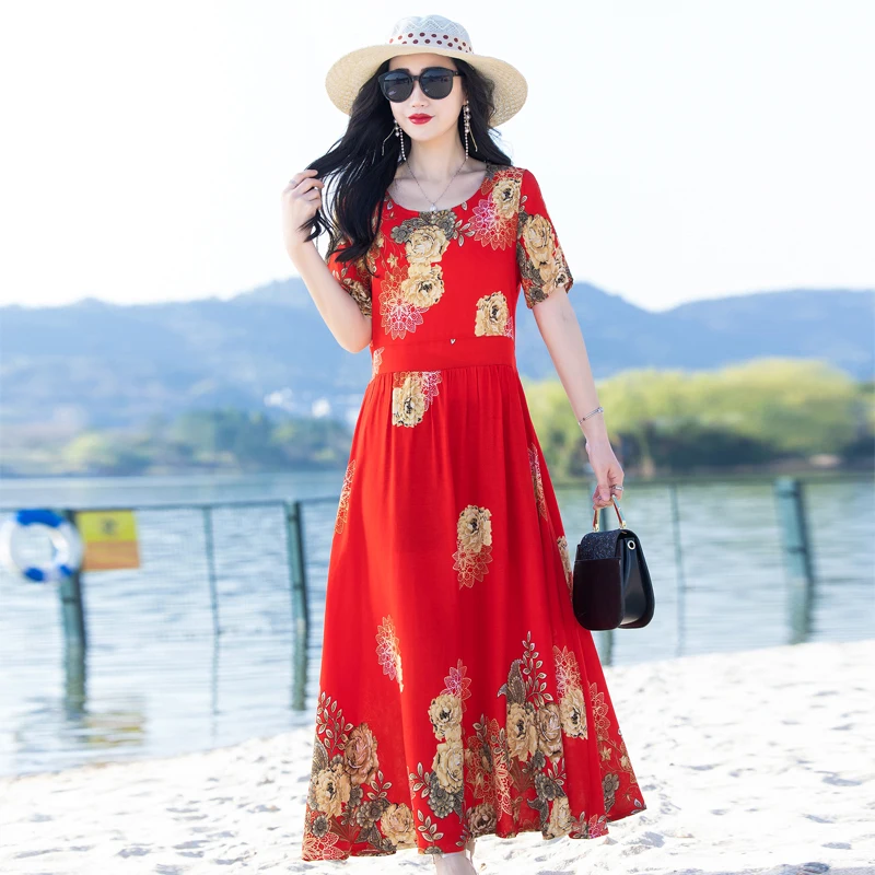 

Beardon Women's Cotton Silk Dress Ethnic Style Long Dress Middle Age Women's Summer Dress Rayon Slim Fit Short Sleeve Swing Skir