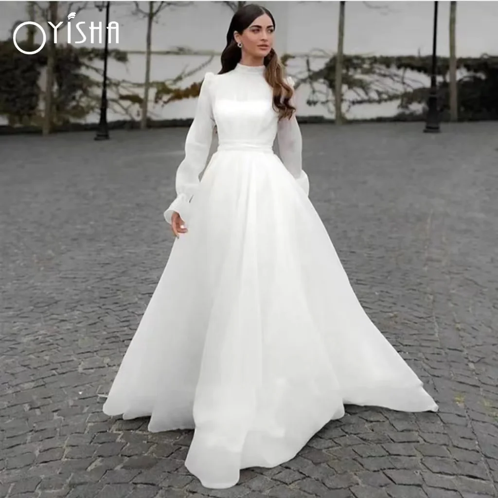 

OYISHA Winter Elegant Wedding Dresses For Women 2023 Long Sleeve Vestidos De Novia High Neck A Line Organza Bridal Gown