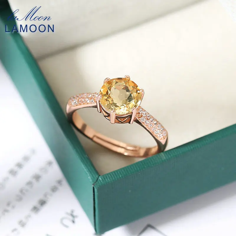 

LAMOON Natural Citrine Rings For Women Gemstone Ring 925 Sterling Silver 18K Rose Gold Plated Luxury Wedding Accessories RI001