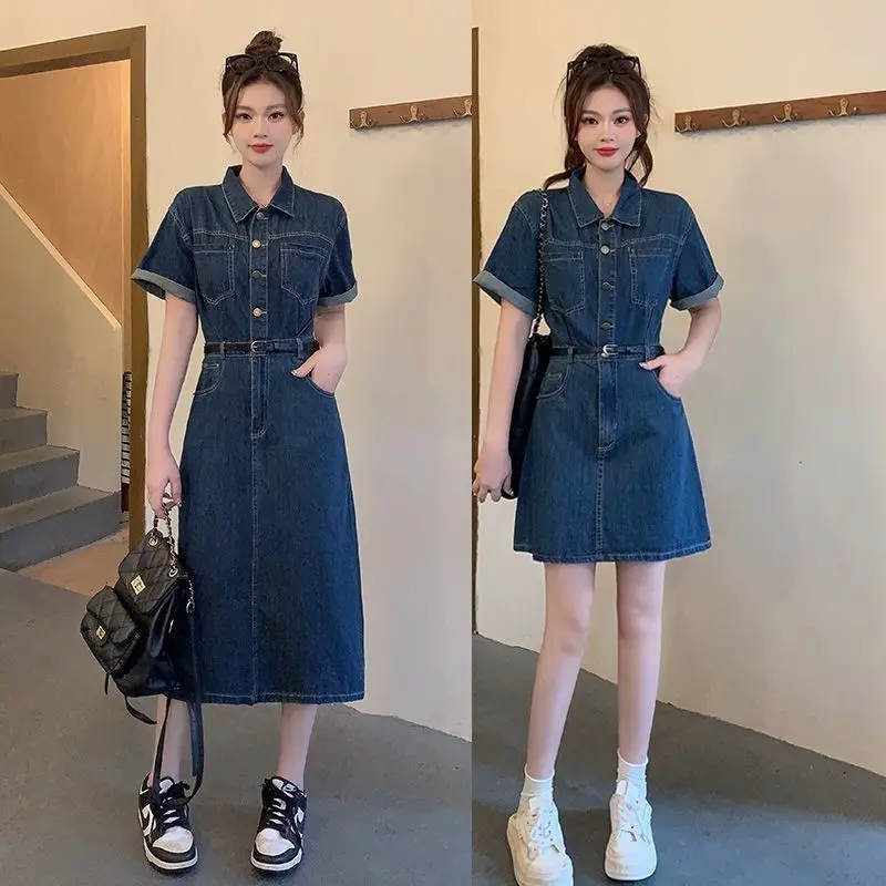 

Женское джинсовое платье с длинным рукавом, свободное облегающее платье средней длины для полных девушек, модная летняя женская одежда, Корейская одежда, весна-лето 2023