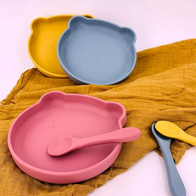 

New Children's Dishes Set Cute Cartoon Bear Baby Silicone Sucker Bowl Baby Face Plate Tableware Set Baby Tableware Kids Plat