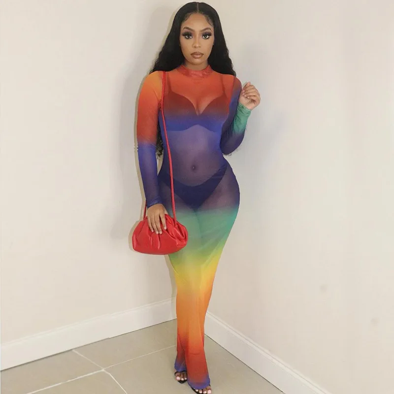 

Fashion Rainbow Printed Long Dress Mesh Sheer Women Elegant Birthday Mixi Dress Outwear Fashion Summer Club Night Party Dresses