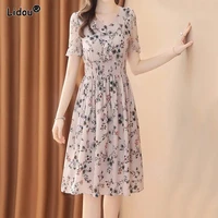 summer new oversize chiffon dress v neck floral print short sleeve empire a line skirt summer young style women clothing 2022