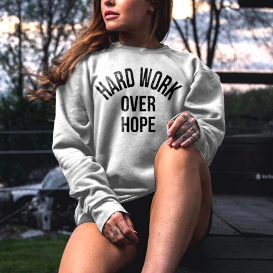 

Rheaclot Hard Work Over Hope Print Women's Retro Vintage Cotton Long Sleeves Sweatshirt