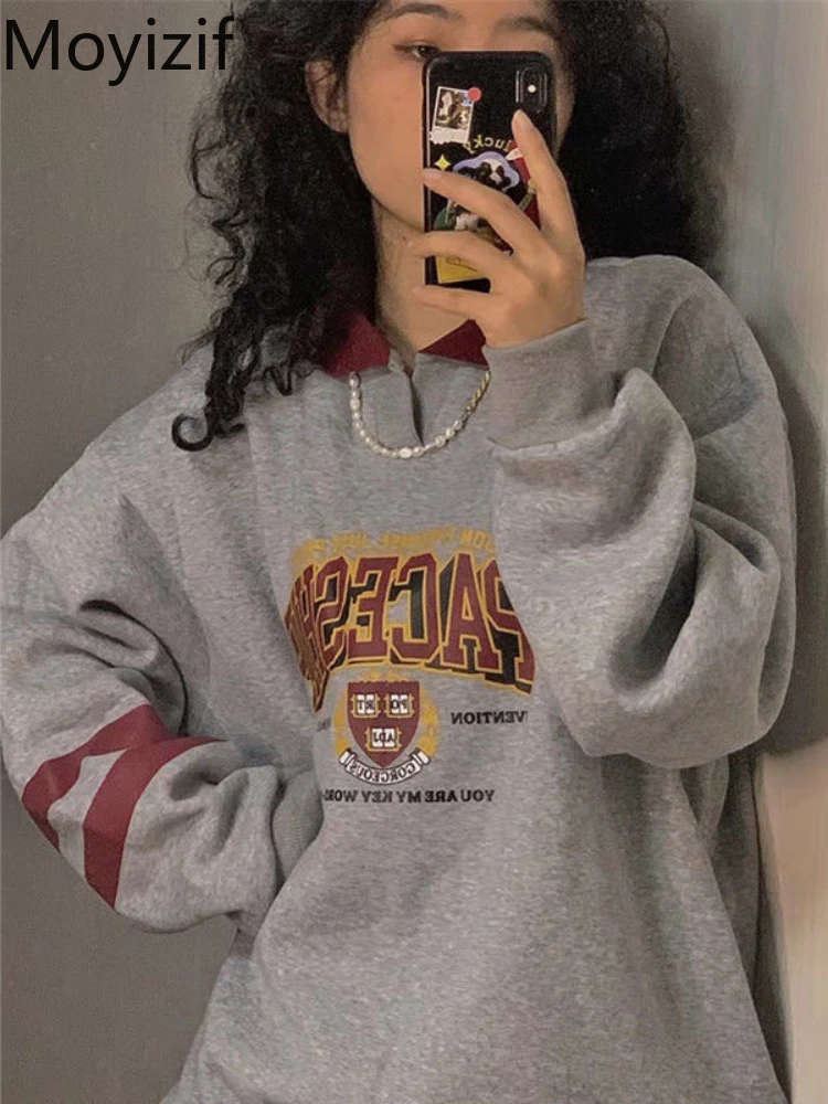 

Рубашка-поло Moyizif Varsity серая, оверсайз, Повседневный пуловер, свитшоты, винтажная Толстовка в стиле преппи, черные мужские поло с длинными ру...