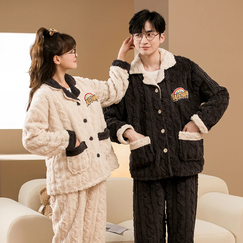 Winter Thick Pajamas Couple Fashion Lapel Home Clothes Sweet Cute Sleep Wear Suit