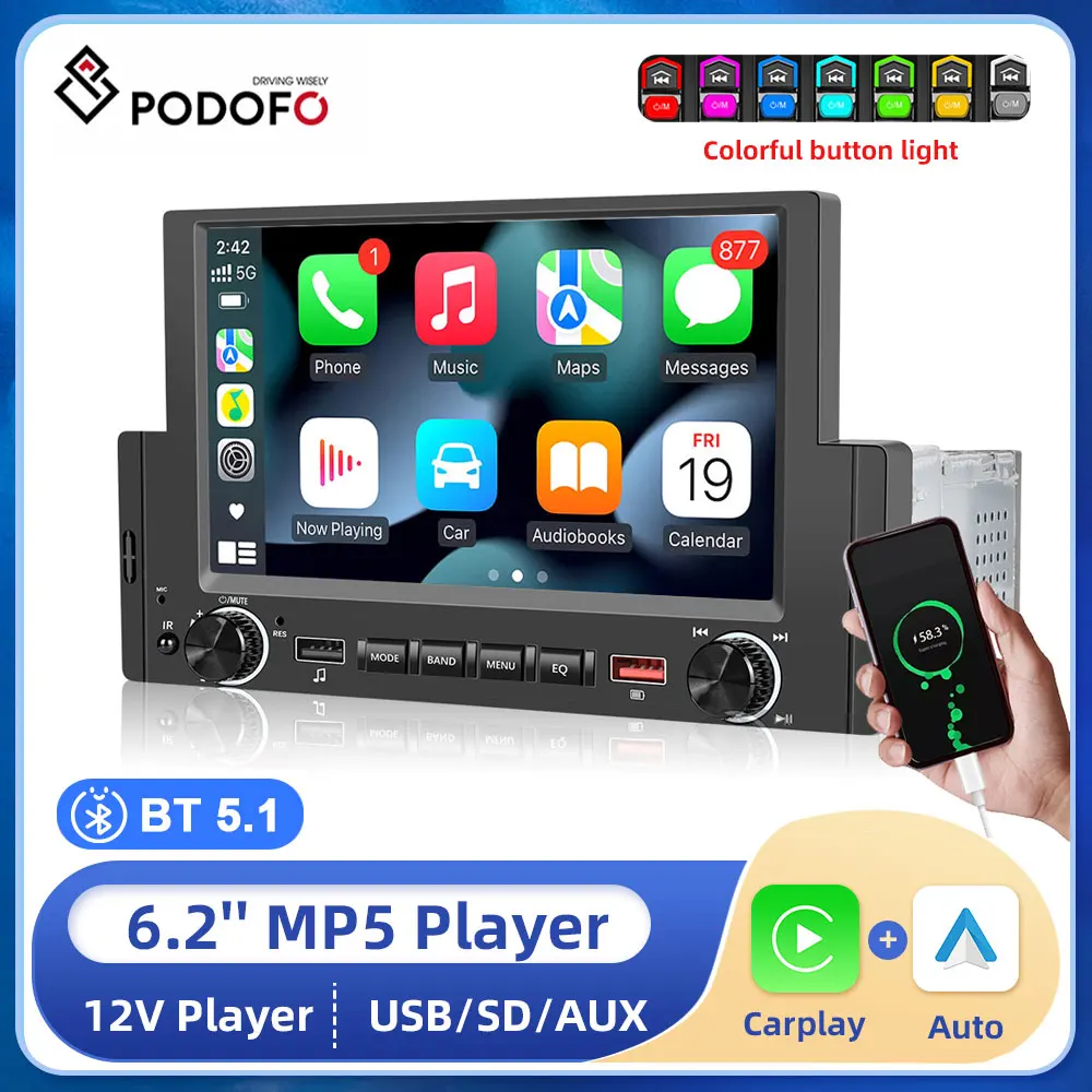 

Podofo 1Din Universal Android Auto Car Radio 6.2" MP5 Multimedia Player Carplay For Volkswagen Nissan Toyota BT MirrorLink FM