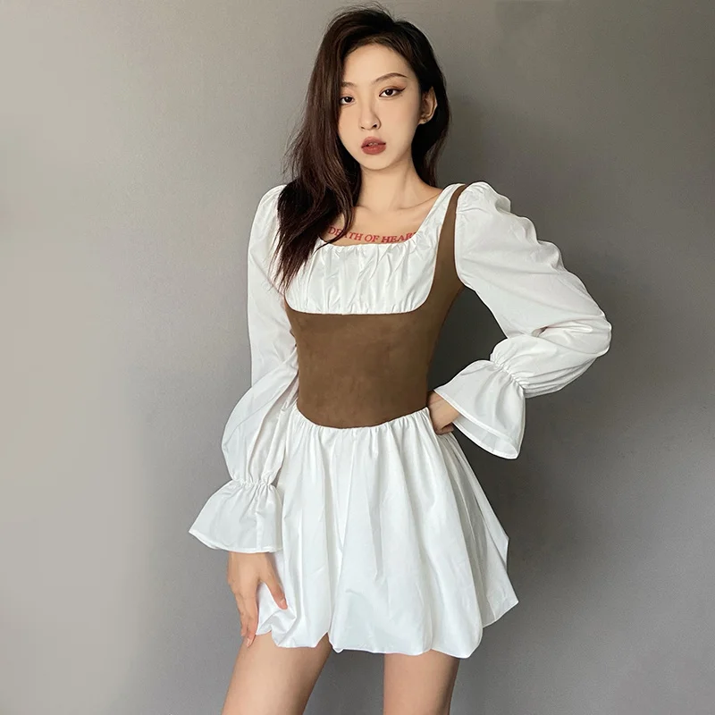 

Женское платье из двух частей, Крутое серое платье во французском стиле с пузырьковым рукавом и воротником