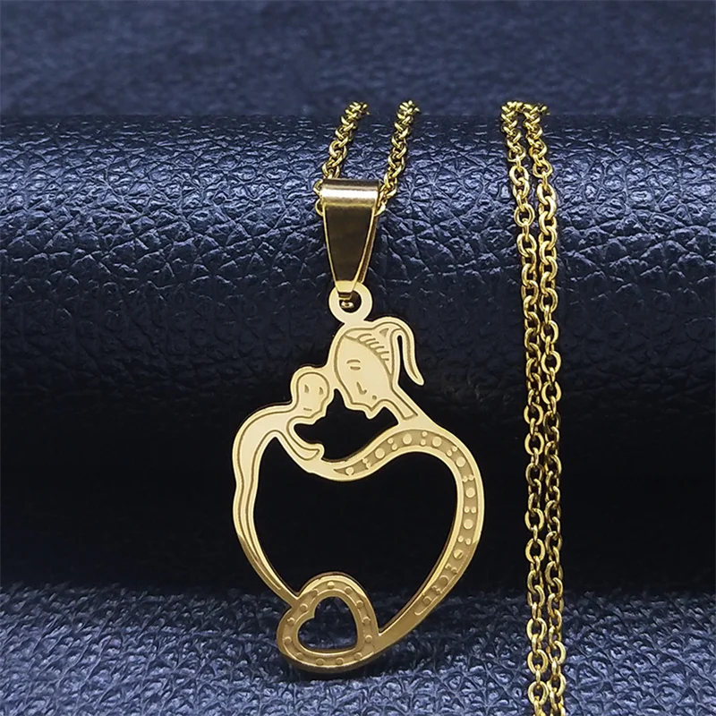 

Love Heart Stainless Steel Mom Baby Necklaces Men/Women Gold Color Necklaces Kid Mom Gift Jewelry collier acier inoxydable N2301