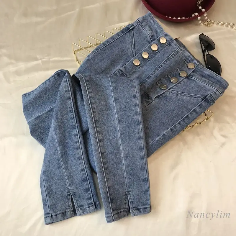 

Светло-голубые джинсы для женщин 2022 Новинка весна-осень брюки с высокой талией облегающие Стрейчевые брюки-карандаш в Корейском стиле