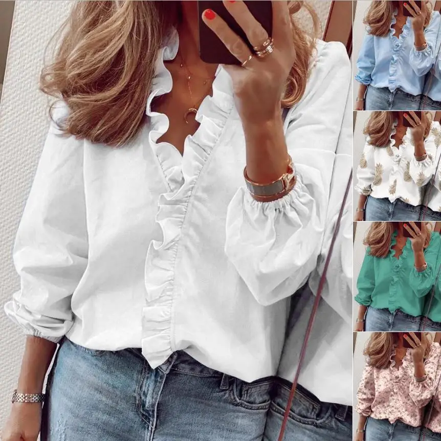 

Cacocala 2023 Spring New Elegant White Ruffle Blouse Shirts Women Long Sleeve V-Neck Pullover Tops Office Lady Casual