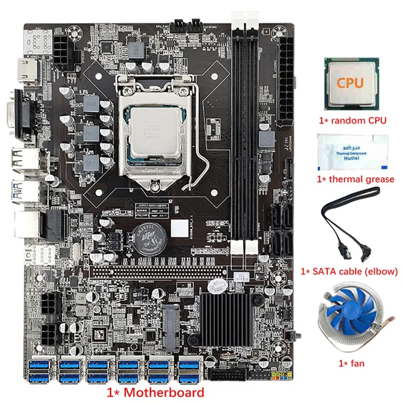 

B75 12 Card BTC Mining Motherboard CPU+Fan+Thermal Grease+SATA Cable 12 USB3.0 To PCIE GPU Slot LGA1155 DDR3 RAM SATA3.0