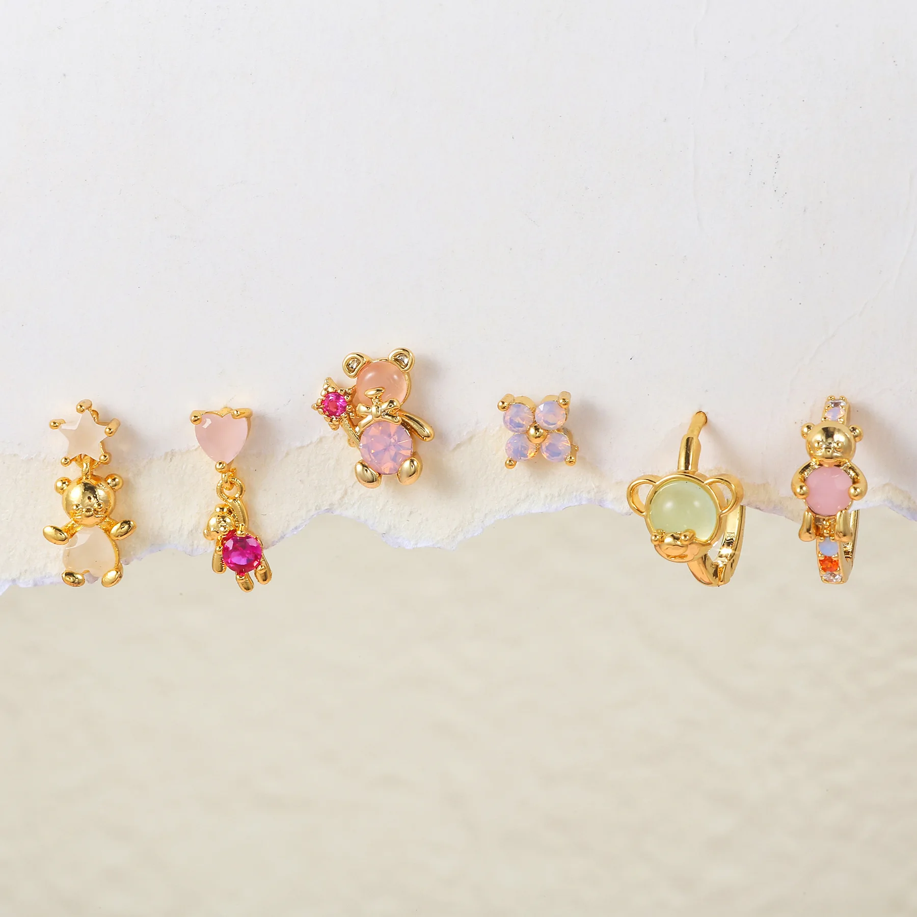 

6pcs/Set S925 Silver Beddle Earring Colorful Zircon Cute Bear Stud Earrings For Women Gift Lady Girl Fashion Earring