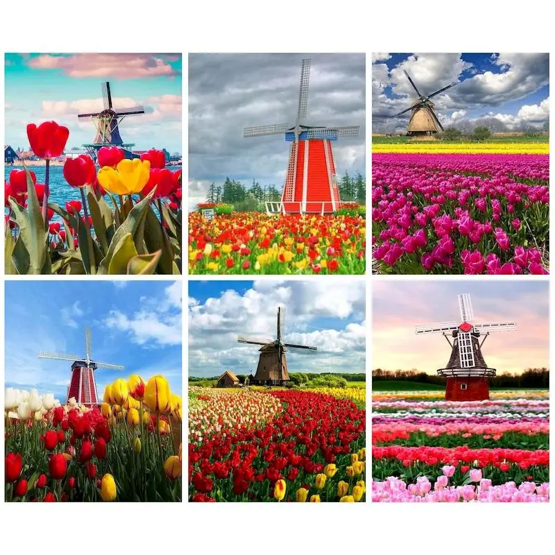 

RUOPOTY Windmill 40x50cm Painting By Numbers Kits For Adults Landscape Flower Field Picture By Number Framed Canvas Art Decor