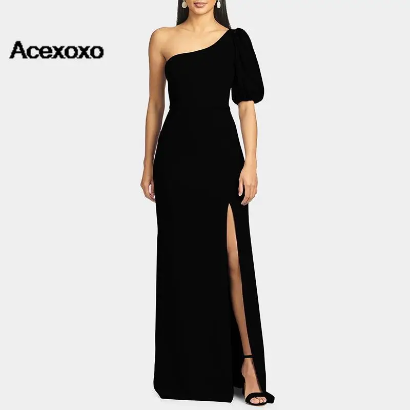 

2023 new spring and summer fashion single shoulder bubble sleeve high slit dress color skew collar dress long dress