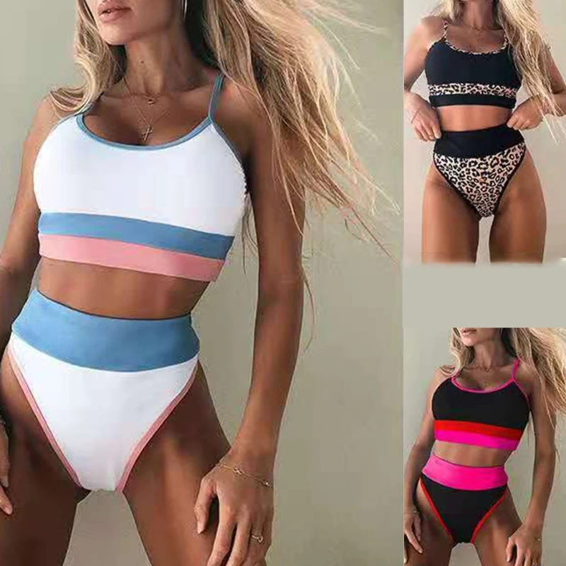 

2 Pieces Bikini Set Contrast Color Striped Leopard Patchwork Swimsuit High Waisted Push Up Bathing Suit