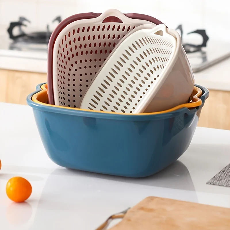 

[Flash Deal]3pcs Large Medium Small Double Layer Drain Baskets Square Fruit and Vegetable Baskets Household Salad Basket