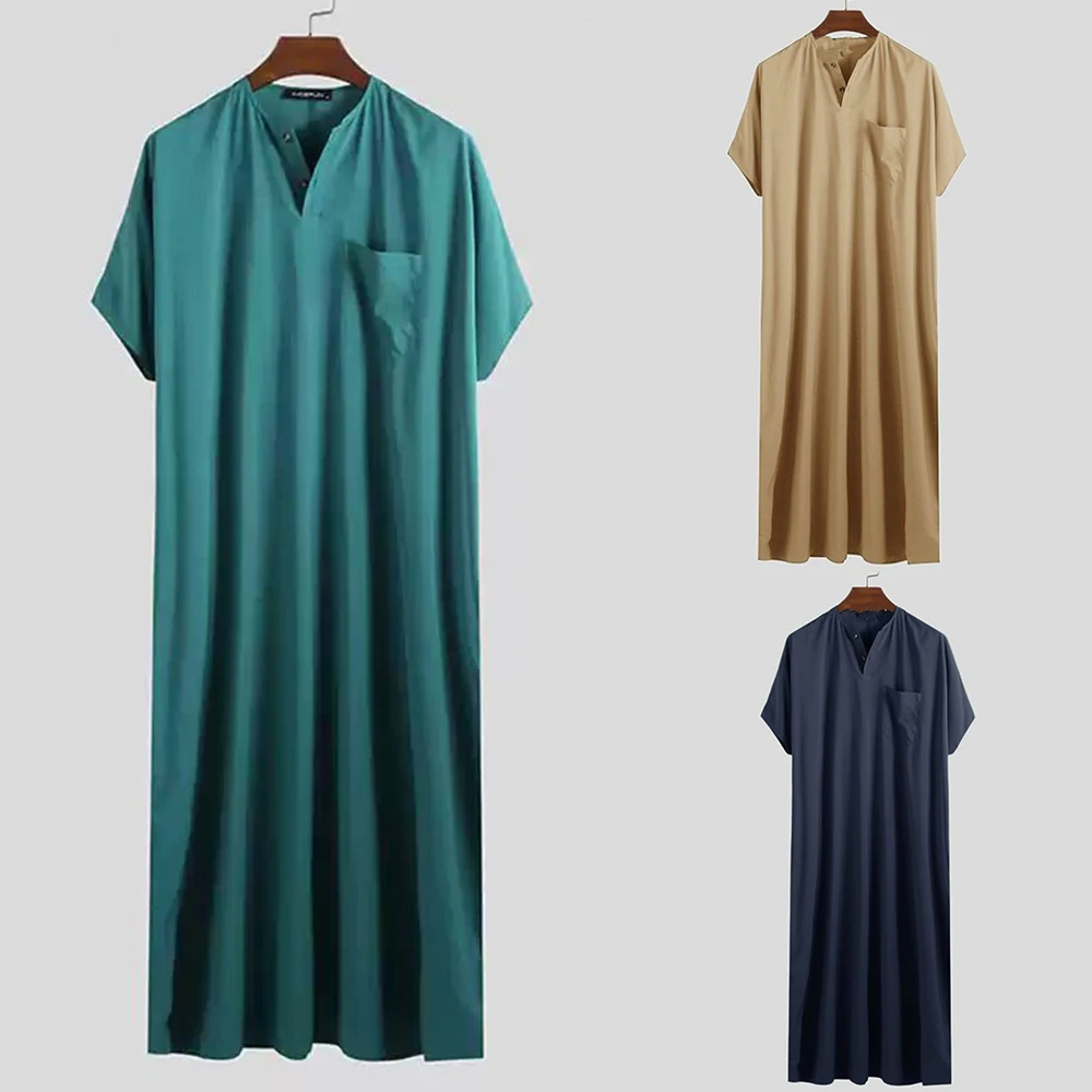 

Middle East Ethnic Costume Muslim Robe Solid Color Men Gentleman Simple Arabic Islamic Casual Party Loose Cotton Robe