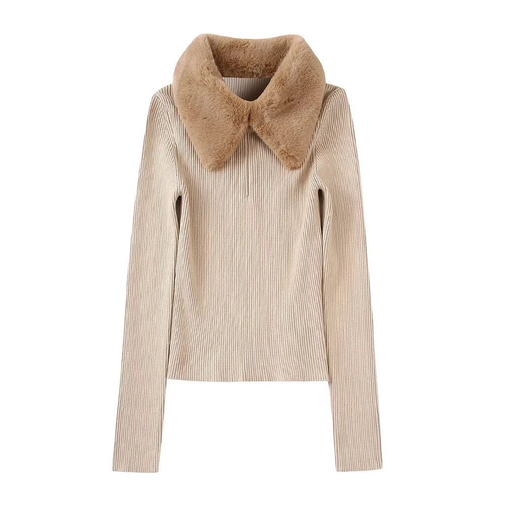 

WOMEN TRAF New 2022 Elegant Faux Fur Lapel Sweater Casual Solid Color Slim Long Sleeve Fashion Retro Female Chic Pullover Mujer