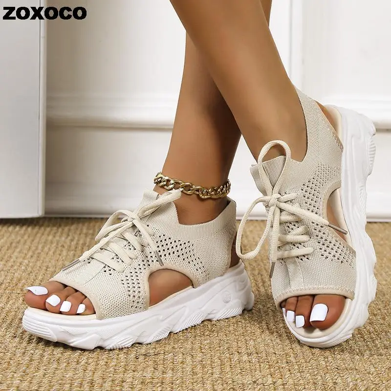 

2022 Summer Women Sandals Mesh Casual Shoes White Thick-Soled Lace-Up Sandalias Open Toe Beach Shoes for Women New Zapatos Mujer