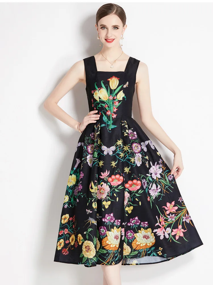 

Autumn Floral Print Square Neck Sleeveless Tank Dress for Women Vintage Sexy Beach Sundress Backless Midi Dress