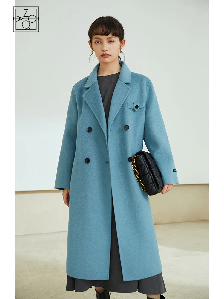 

ZIQIAO женские зимние Костюмные воротники двусторонние прямые шерстяные куртки ярко-синие длинные женские кашемировые пальто в британском ст...