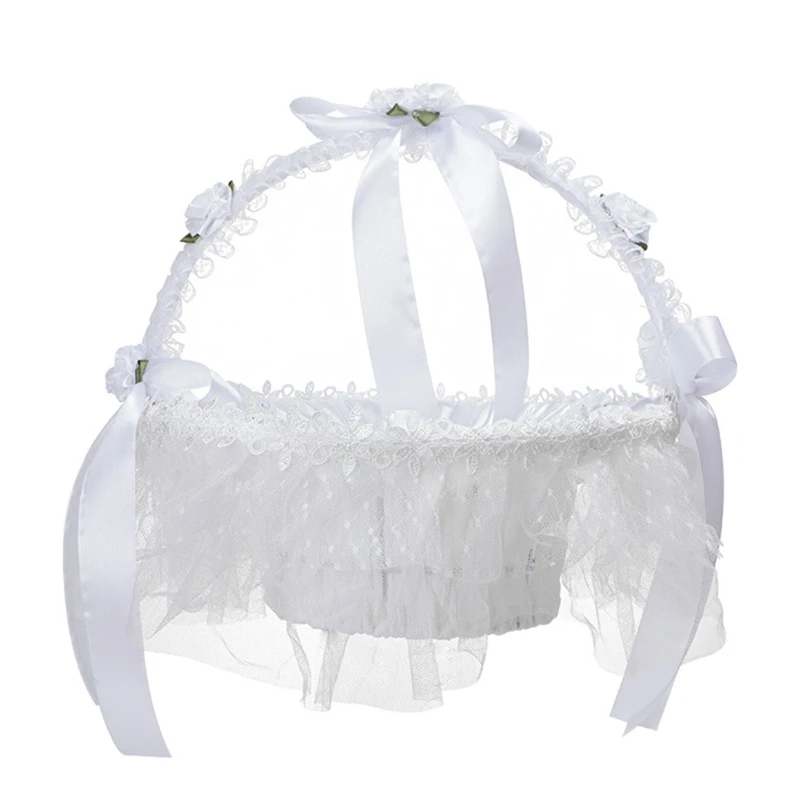 

Beautiful Wedding Flower Girl Basket Delicate Bowknot White Satin Lace Collection Basket for Flower Girls Photo Props