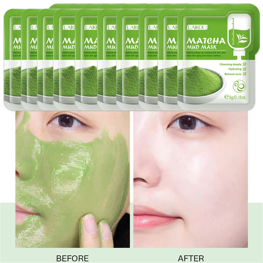 

LAIKOU 10pcs Matcha Green Clay Mud Face Mask Acne Treatment Oil Control Cleaning Skin Shrink Pores Whiten Moisturizer Mask Care