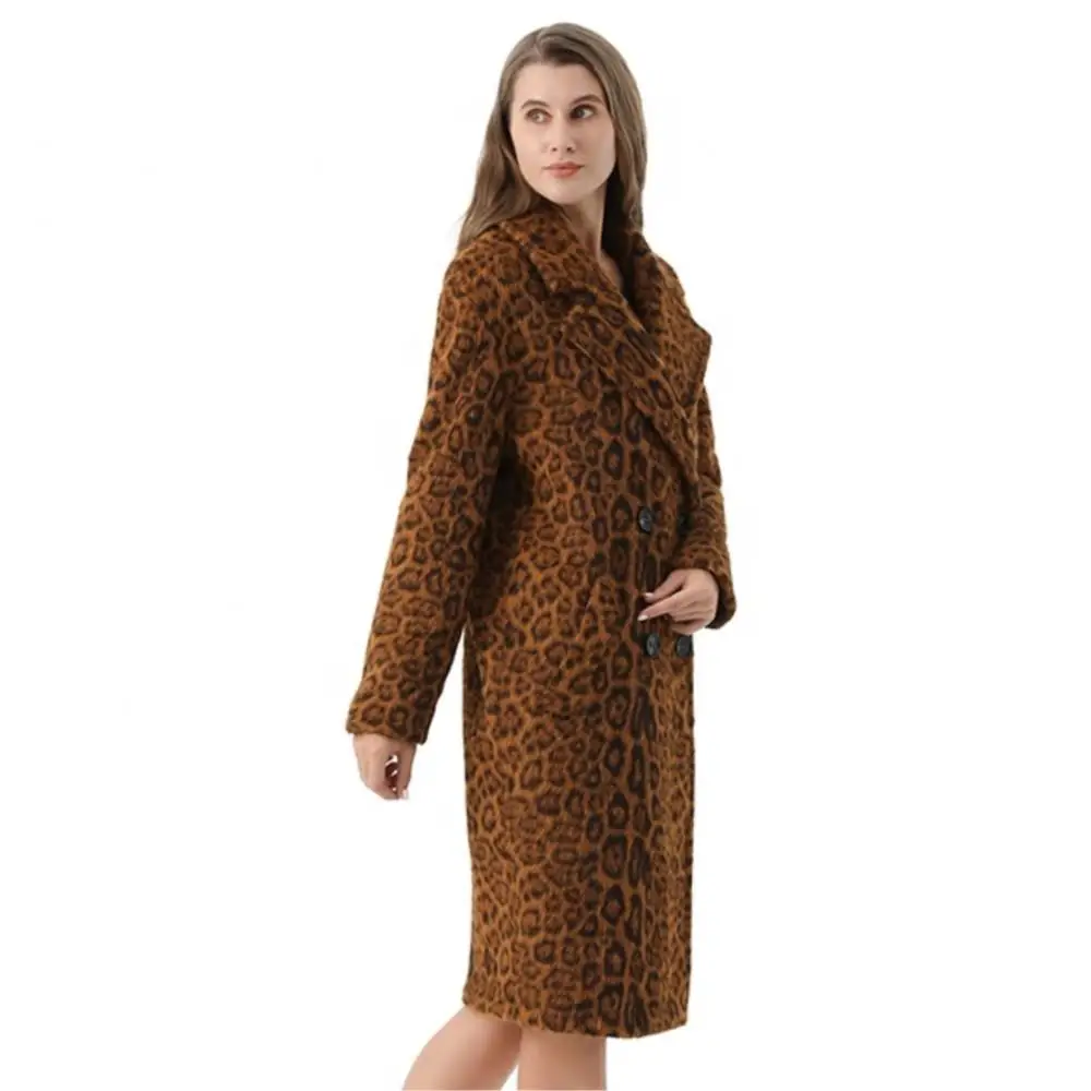 Women Winter Real Fur Long Leopard Print Teddy Coat double-breasted With Pocket Jacket Print Thermal Leisure Real Fur Coat