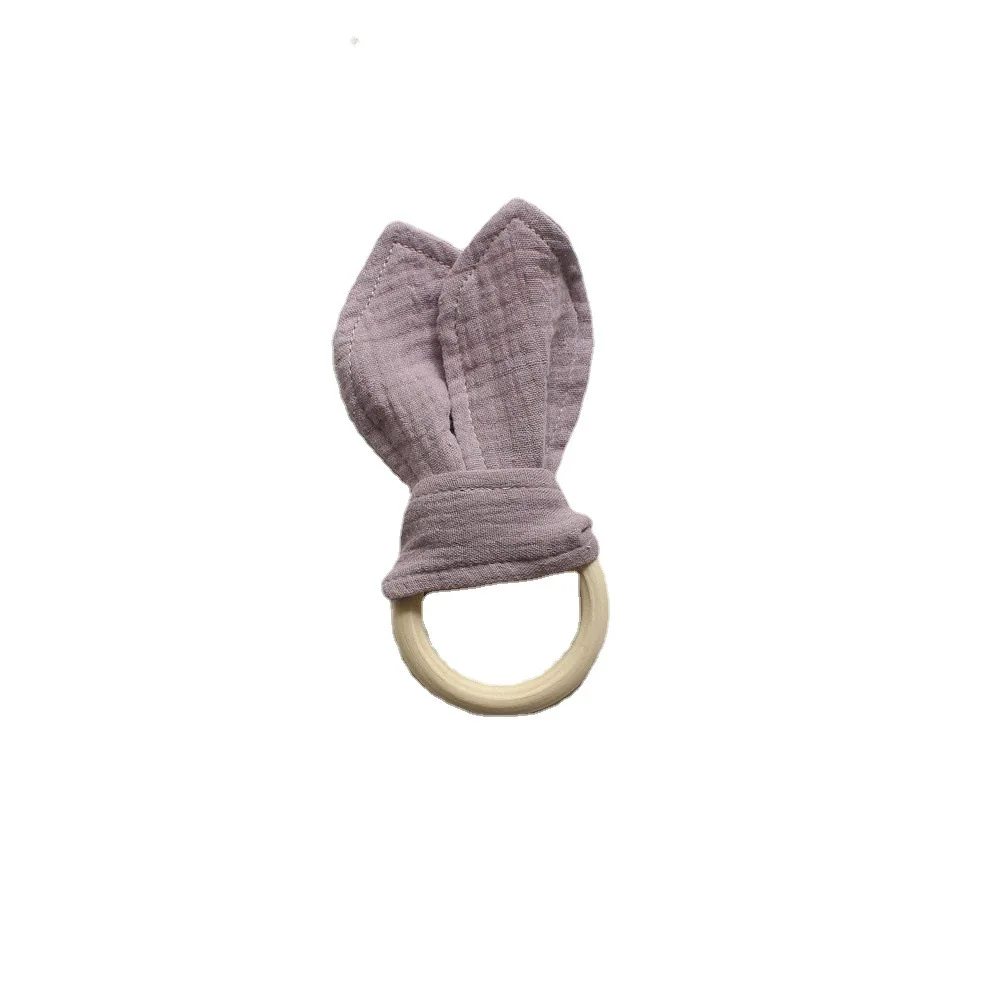 

BPA Free Natural Beech Wood Baby Teether Cotton Rabbit Ears Newborn Teething Ring Rodent Gum Pain Relief Molar Sensory Rattle