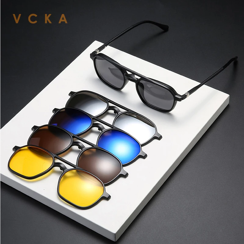 

VCKA 6 In 1 Men Women Polarized Optical Magnetic Sunglasses Clip on Magnet Prescription Myopia TR90 Glasses Frame -0.5 TO -6.0