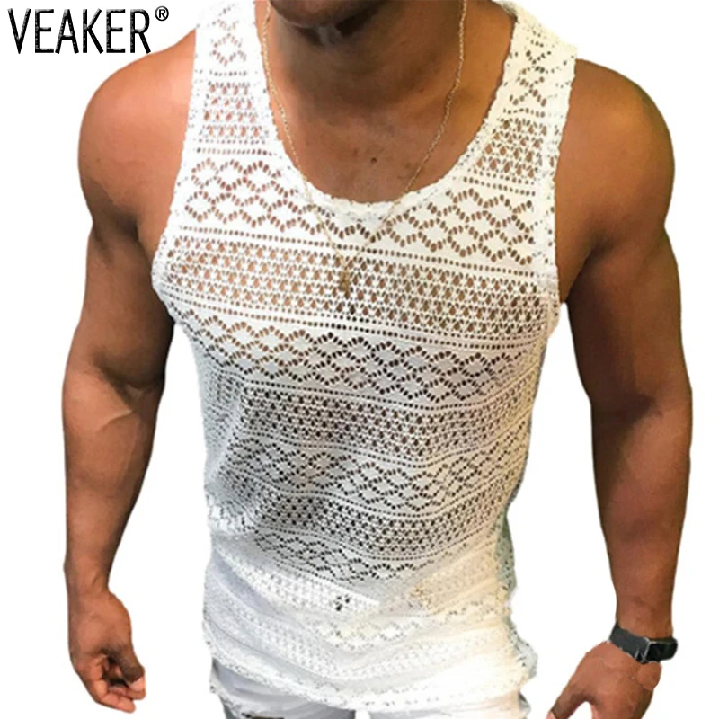 

2023 New Men's Sexy Transparent Mesh Tank Tops Male Summer Sleeveless Slim Fit Hollow Out Fitness Tops