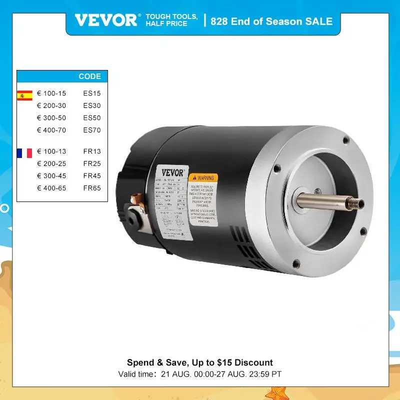 

VEVOR 1 HP 1.5 HP 3463 об/мин 3467 об/мин 3450 об/мин двигатель насоса для бассейна медные катушки 115/230 В 56J 56Y Рамка ODP для бассейна, горячие ванны
