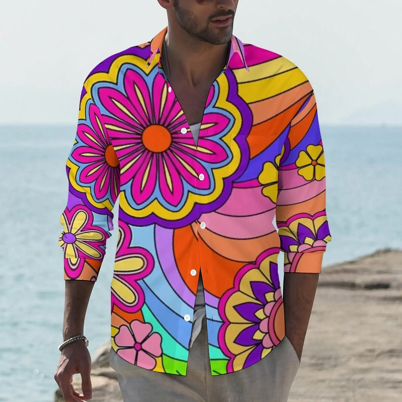 

Flower Power Inspired Casual Shirts Man Groovy Hippy Retro Shirt Long Sleeve Fashion Stylish Blouses Graphic Top Plus Size