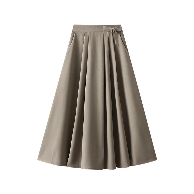 

Autumn Mid Length Women's Large Swing Umbrella Skirt Slim High Waist A-line Pleated Long Dress Suit Half Length Dress
