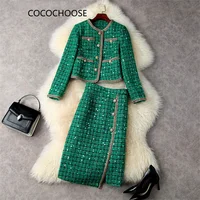 Designer Fashion Women's Suit With Skirt Winter 2022 Luxury Green Sequins Tweed Jacket and Skirt Plaid Elegant Party Outfits