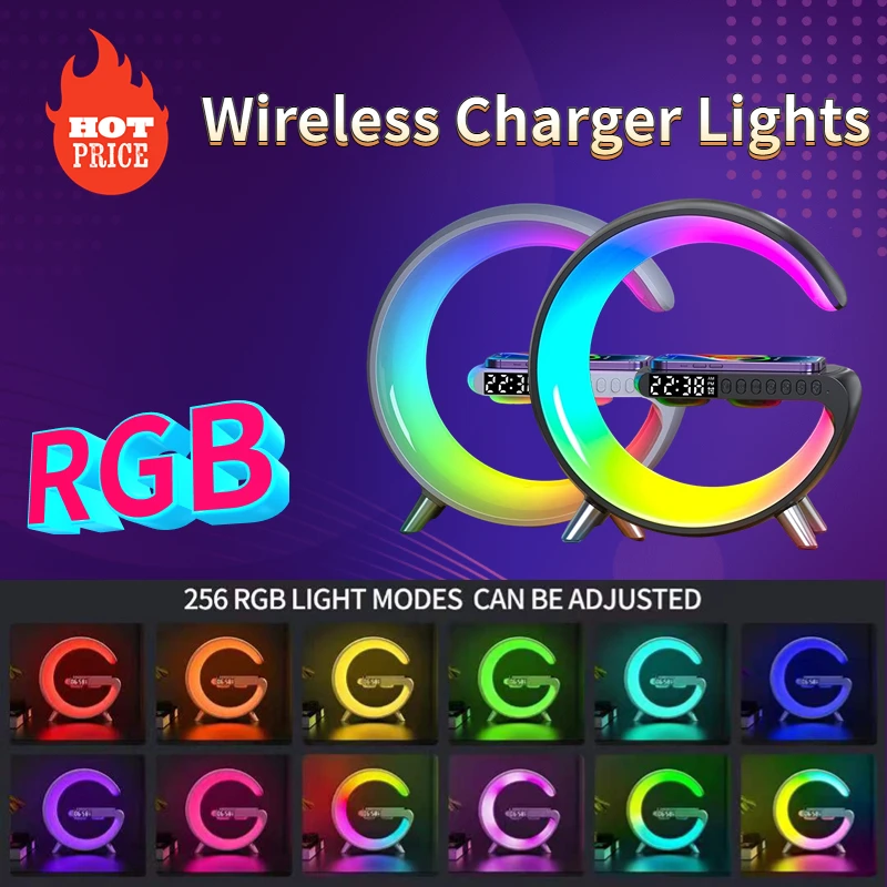 

Беспроводной светодиодный ночсветильник с зарядным устройством, атмосферные лампы RGB с управлением через приложение, цифровой будильник, д...