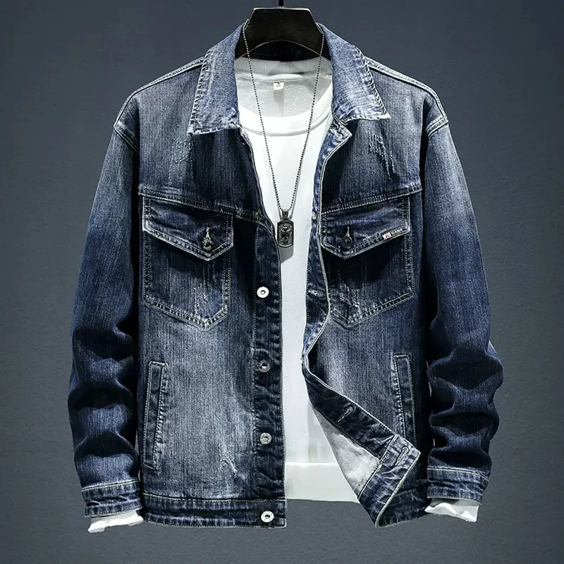Ins Men Denim Dark Blue Jackets Handsome Long Sleeve Turn-down Collar Coats Autumn Winter Outerwear Clothing M-4XL 2022
